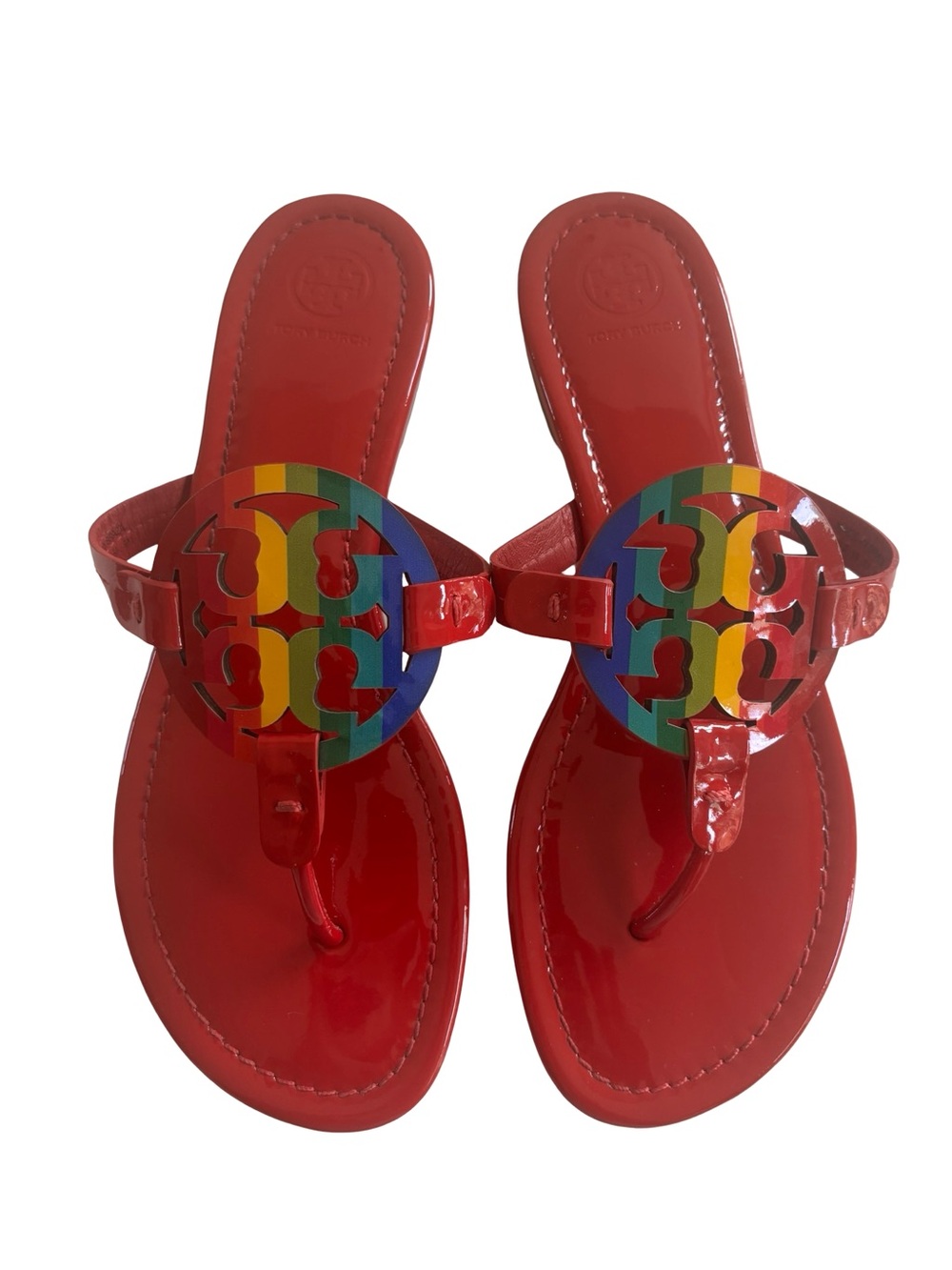 TORY BURCH EUC RUBY RED PATENT LEATHER BRIGHT RAINBOW MILLER SANDALS Sz 9